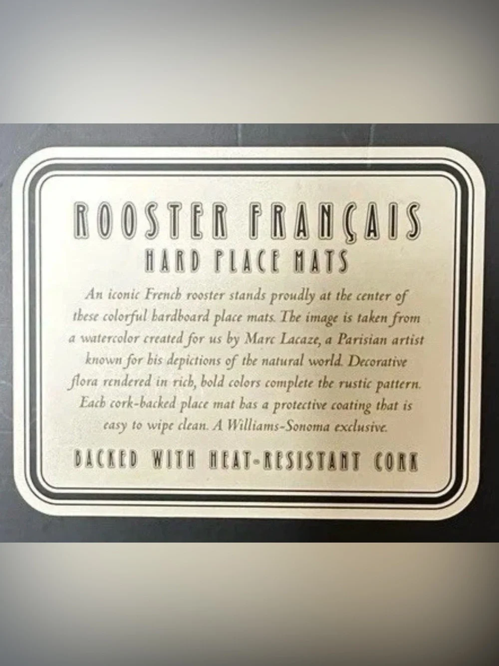 Williams Sonoma Placemats Rooster Francais Set 2 Black Lacquer Cork Backed